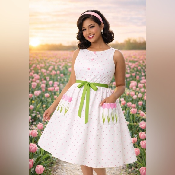 Unique Vintage Smak Parlour Pink Pin Dot Tulip Sleeveless Swing Dress, 1x, NWT! - Picture 6 of 16